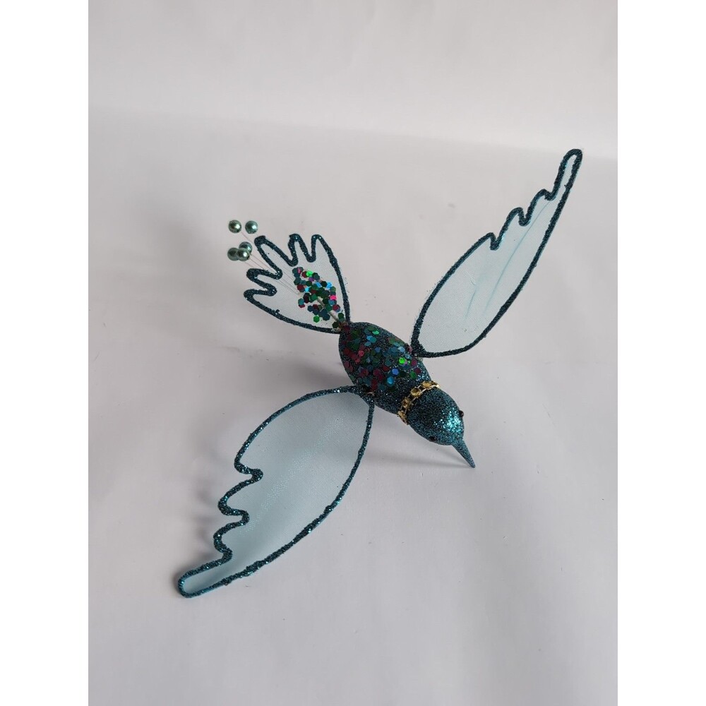 Clip-On Teal Blue Hummingbird Glitter Ornament Tulle Wings - Picture 4 of 4